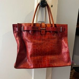 Vintage Furla Leather Croc Tote Dark Red
